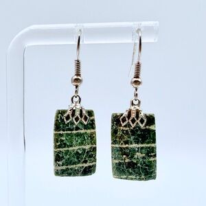 Green Marble Stone Dangle Earrings Silver Tone Boho Rectangle